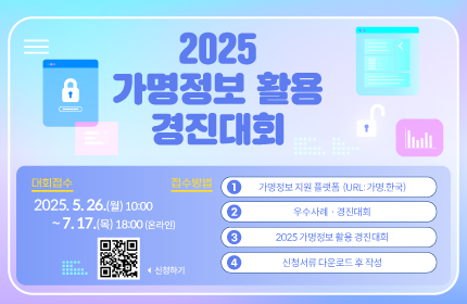 2025가명정보 활용경진대회 대회접수2025. 5. 26.(월) 10:00~7.17.(목) 18:00 (온라인)신청하기 접수방법  1 가명정보지원 플랫폼 (URL: 가명,한국) 2 우수사례 경진대회 3 2025 가맹정보 활용 경진대회 4신청서류 다운로드 후 작성