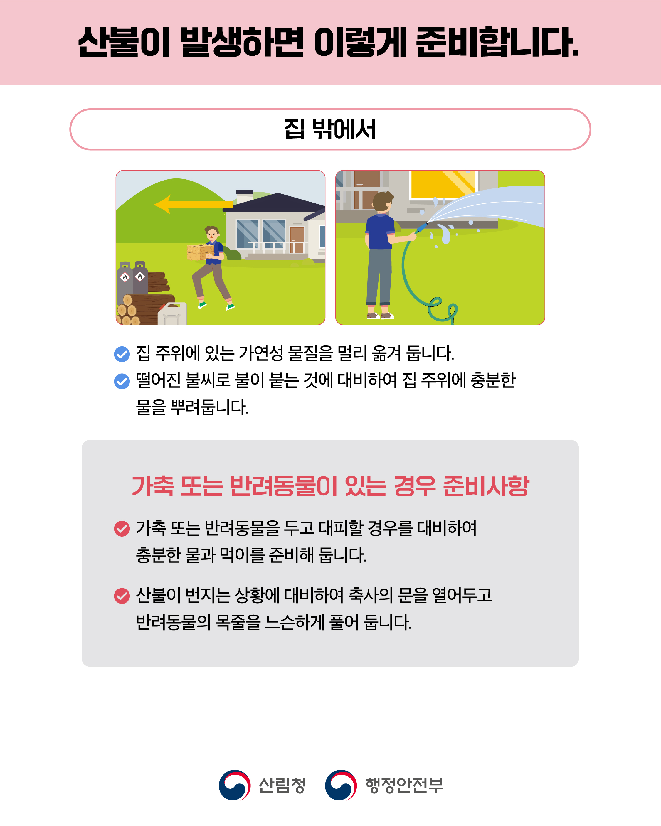 산불이 발생하면 이렇게 준비합니다. 집밖에서 집 주위에 있는 가연성 물질을 멀리 옮겨 둡니다. 떨어진 불씨로 불이 붙는 것에 대비하여 집 주위에 충분한 물을 뿌려둡니다. 가축 또는 반려동물이 있는 경우 준비사항 가축 또는 반려동물을 두고 대피할 경우를 대비하여 충분한 물과 먹이를 준비해 둡니다. 산불이 번지는 상황에 대비하여 축사의 문을 열어두고 반려동물의 목줄을 느슨하게 풀어둡니다. 산림청 행정안전부